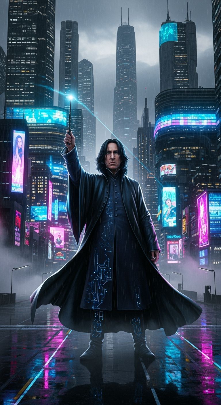 Futuristic Severus Snape in Cyberpunk Cityscape