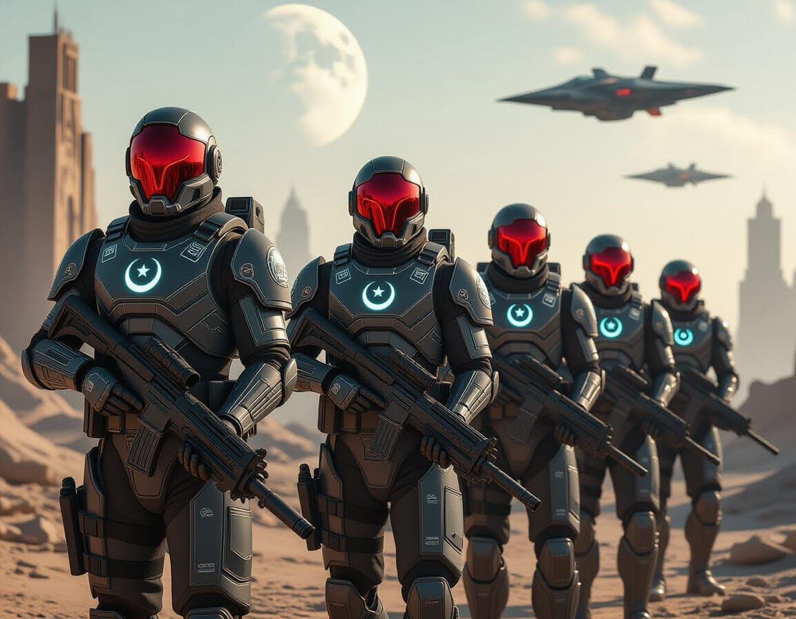 Futuristic Muslim Space Marines Patrol Alien City