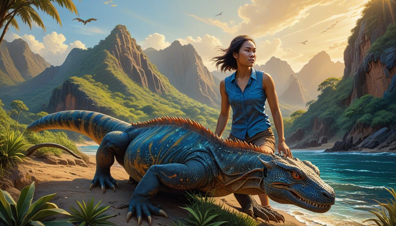 Woman Rides Komodo Dragon in Vibrant Oil Painting Style
