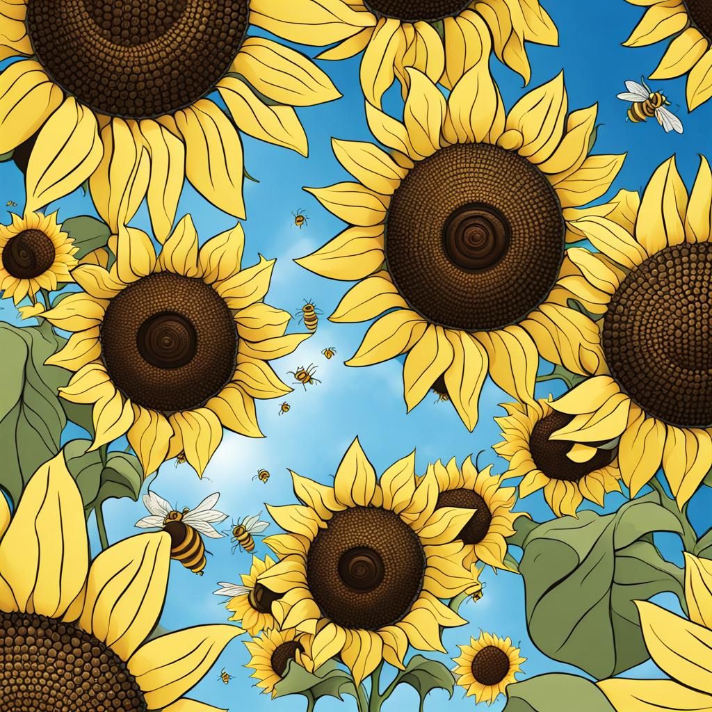 Smiling Sunflowers Gaze at the Blue Sky