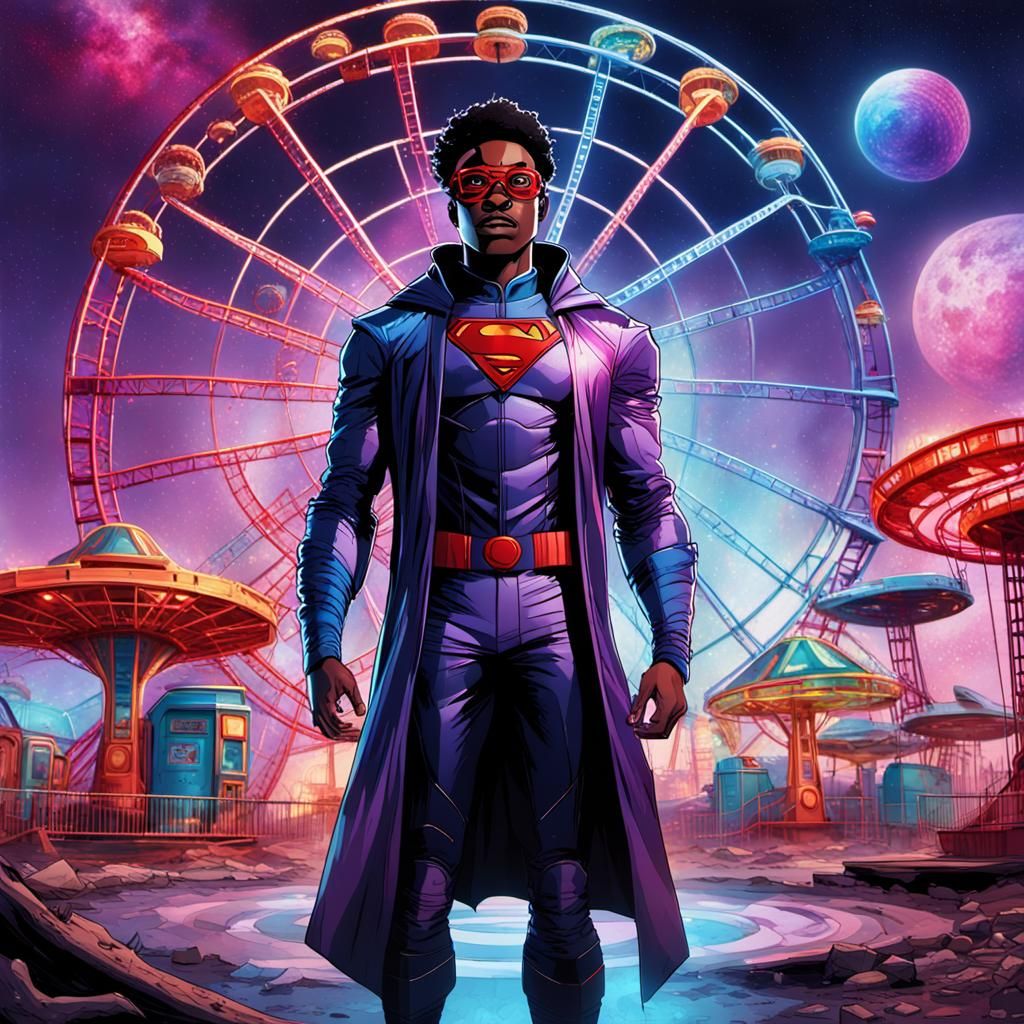 Cosmic Superhero Teleportation in Abandoned Park