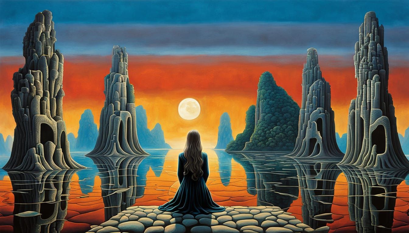 Surreal Ha Long Bay Sunset with Fragmented Sculptures in a D...