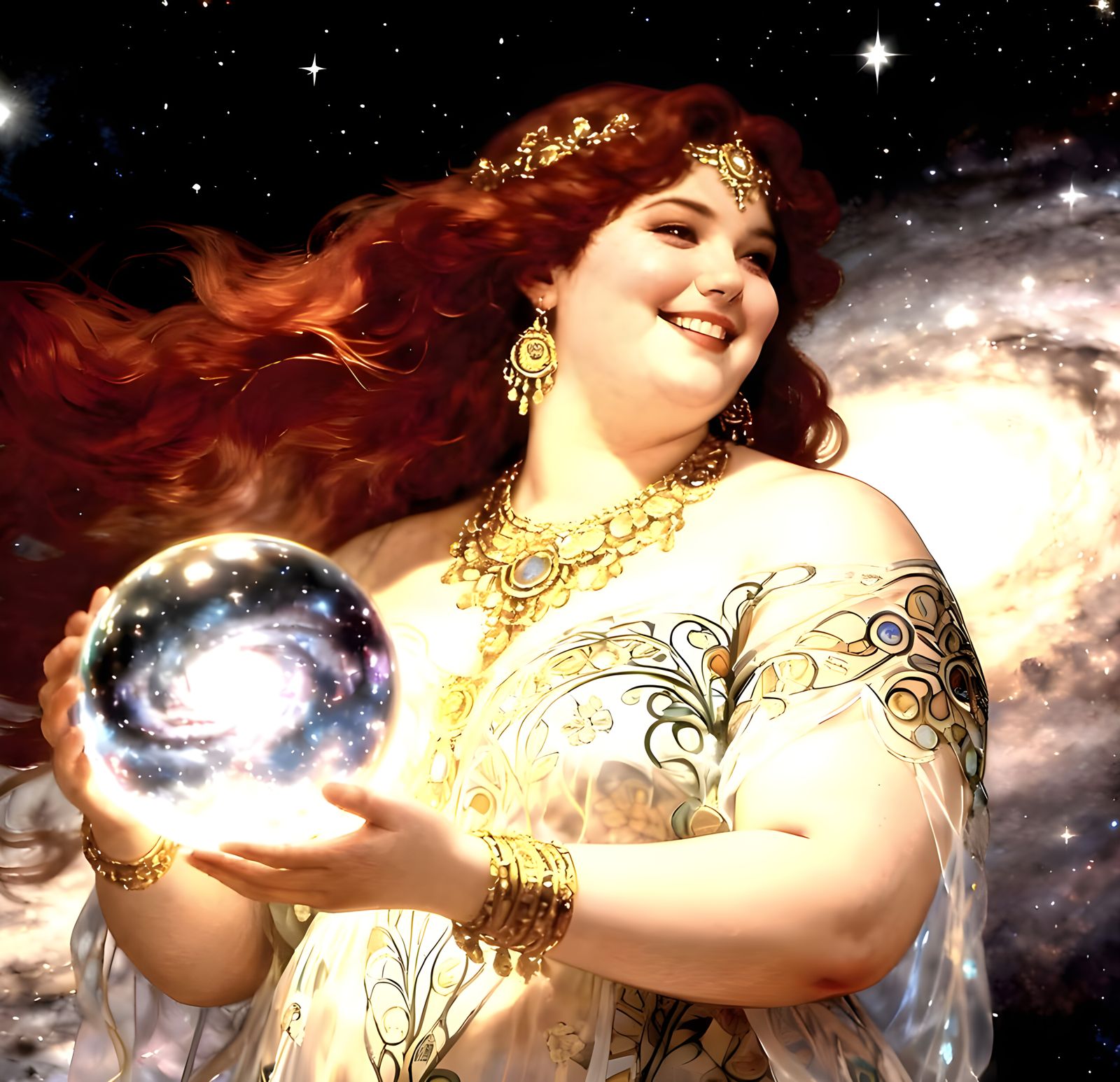Art Nouveau Woman in Cosmic Nebula with Glowing Orb