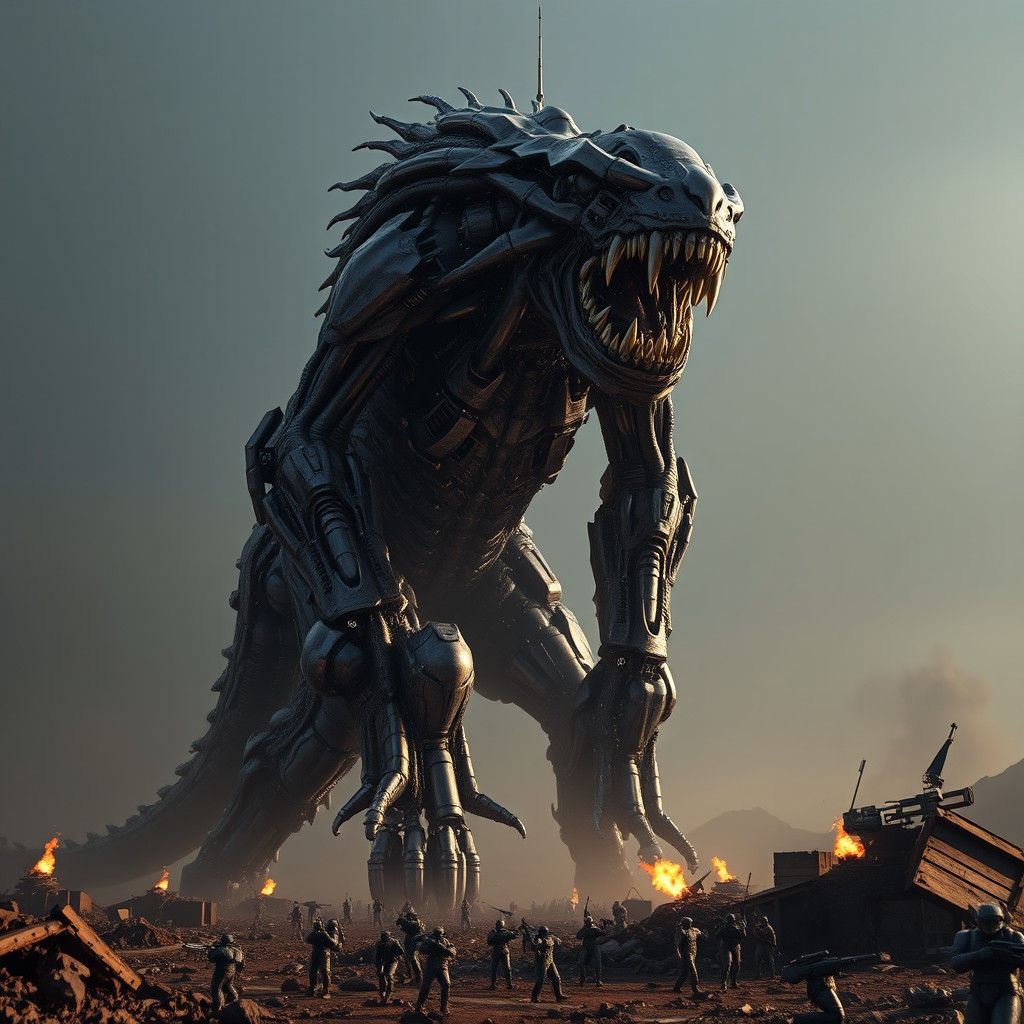 Colossal Bio-Mechanical Deity Overlooking Battlefield in 8K