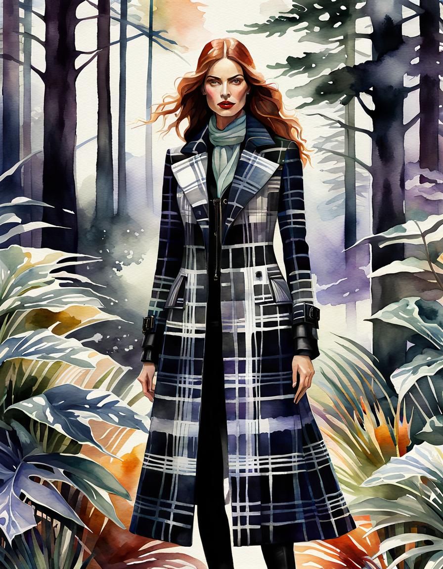 Noir Fantasy Woman in Plaid Watercolor