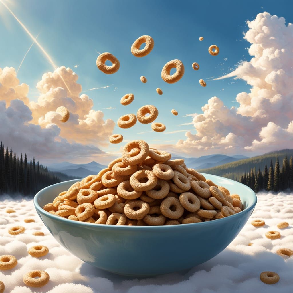 Golden Cheerios Amidst Ethereal Clouds in Dreamy Impressioni...