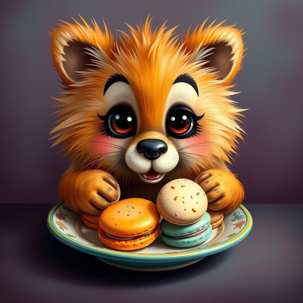Adorable Furry Animal Eating Macaroni, Vivid Colors