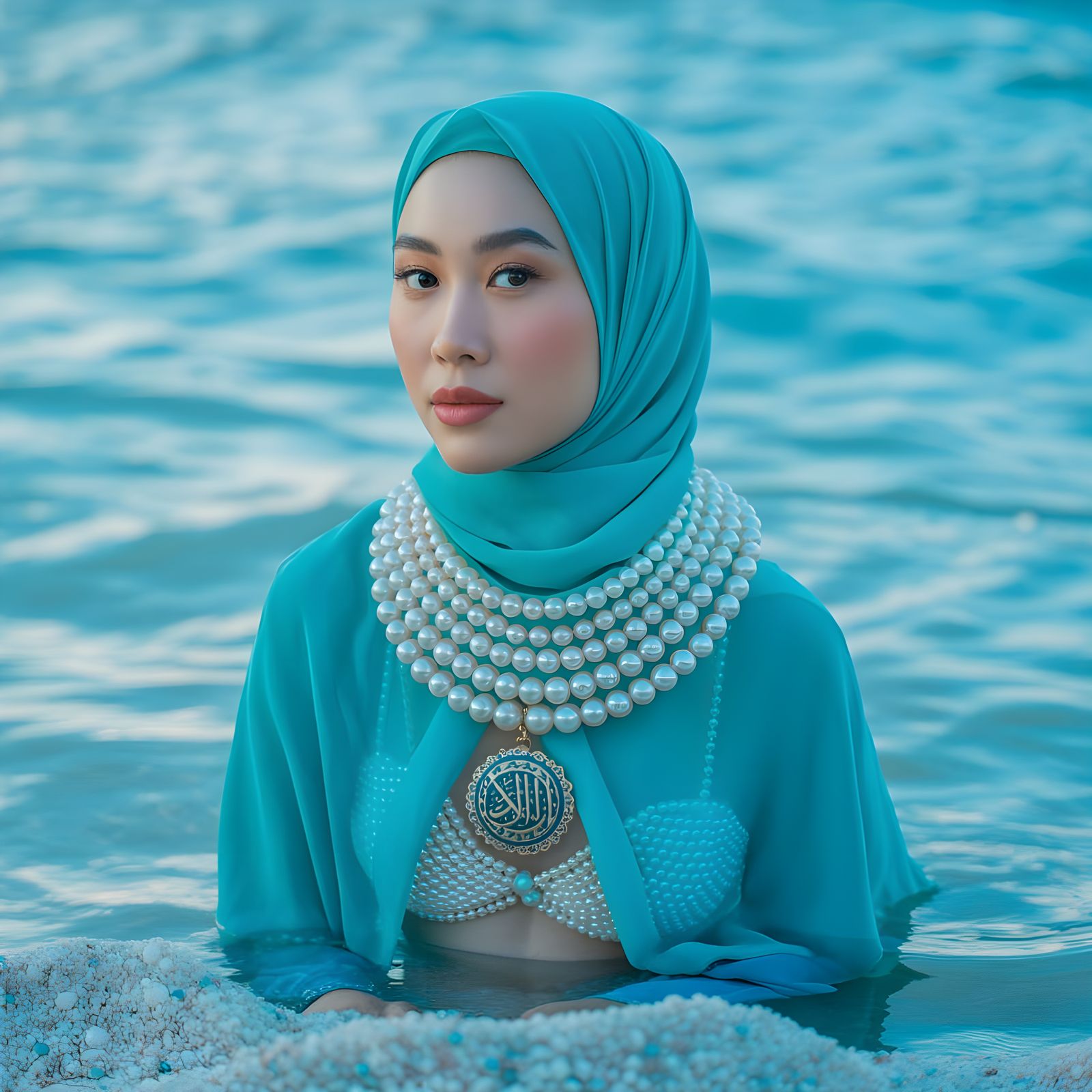 Asian Woman in Turquoise Hijab with Pearl Jewelry