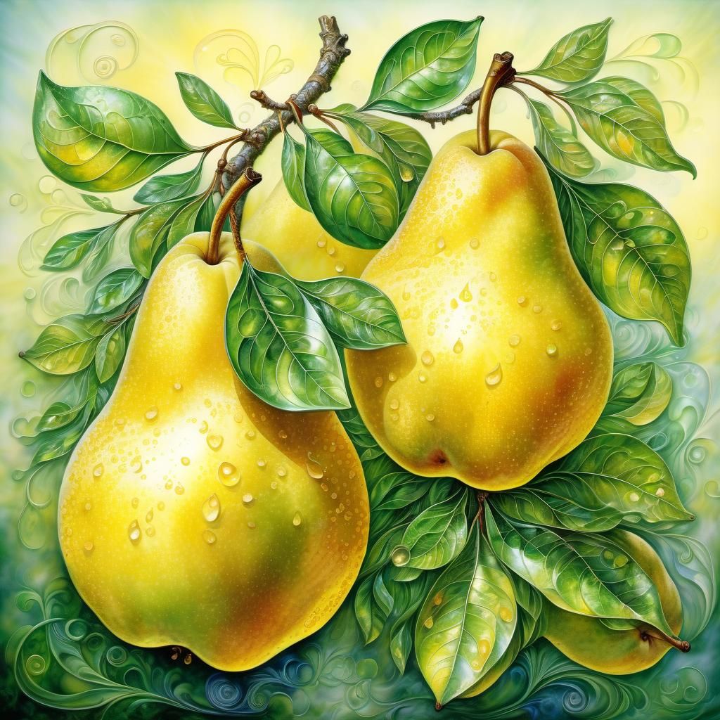 Yellow Pear with Green Leaves in Visionary Style
