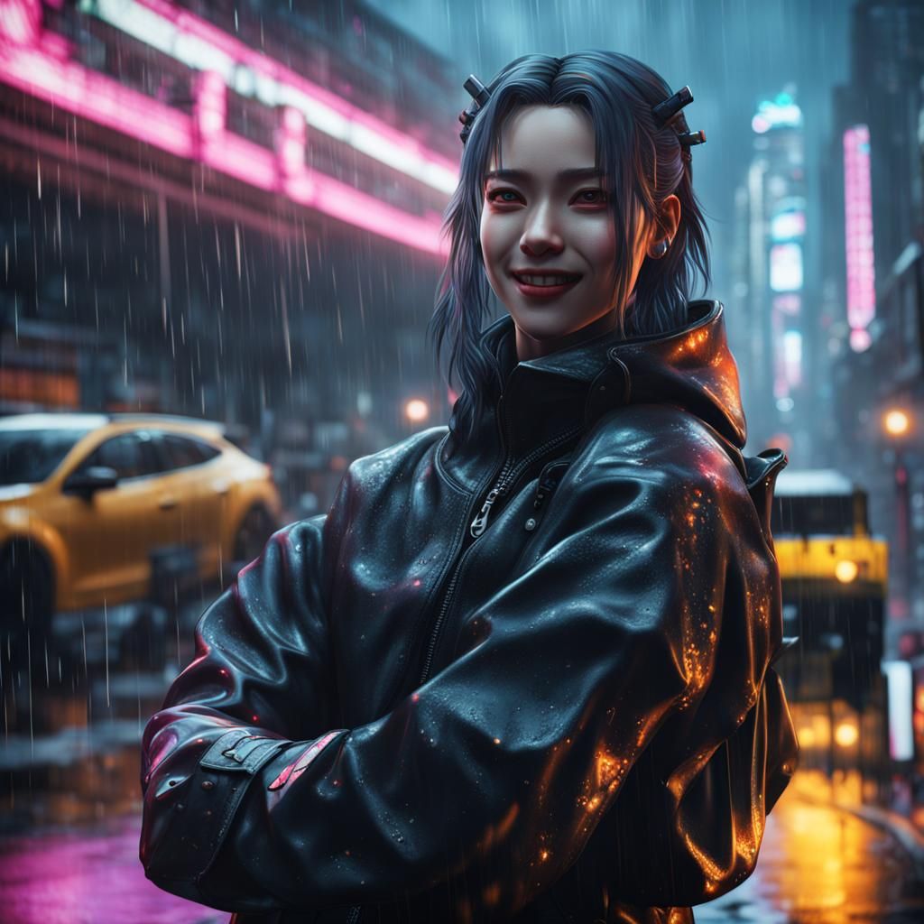 Cyberpunk Girl Selfie in Rainy Vececia, Ultrarealistic 8k