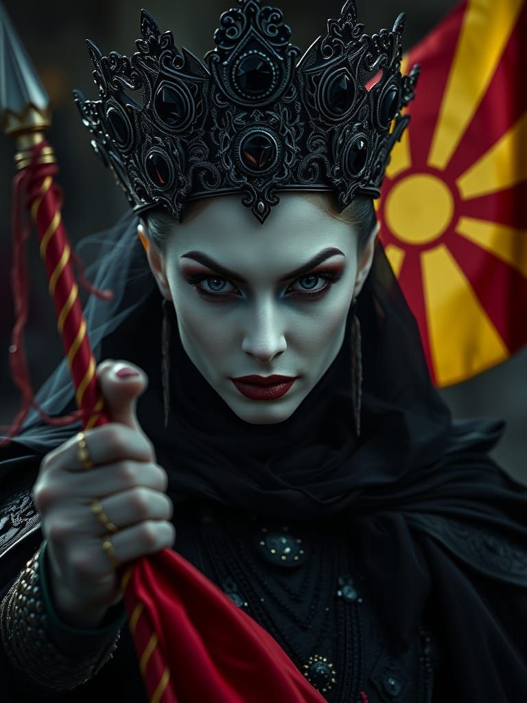 Menacing Vampire Queen Waving Macedonian Flag