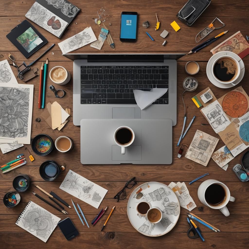Creative Workspace with Laptop: Top-Down Photorealistic View