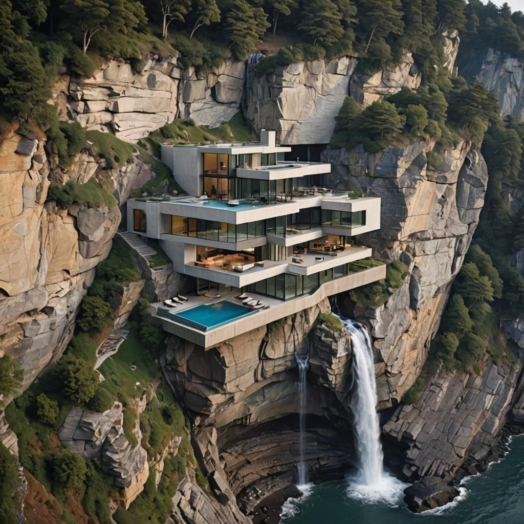 Cliffside House with Waterfall View