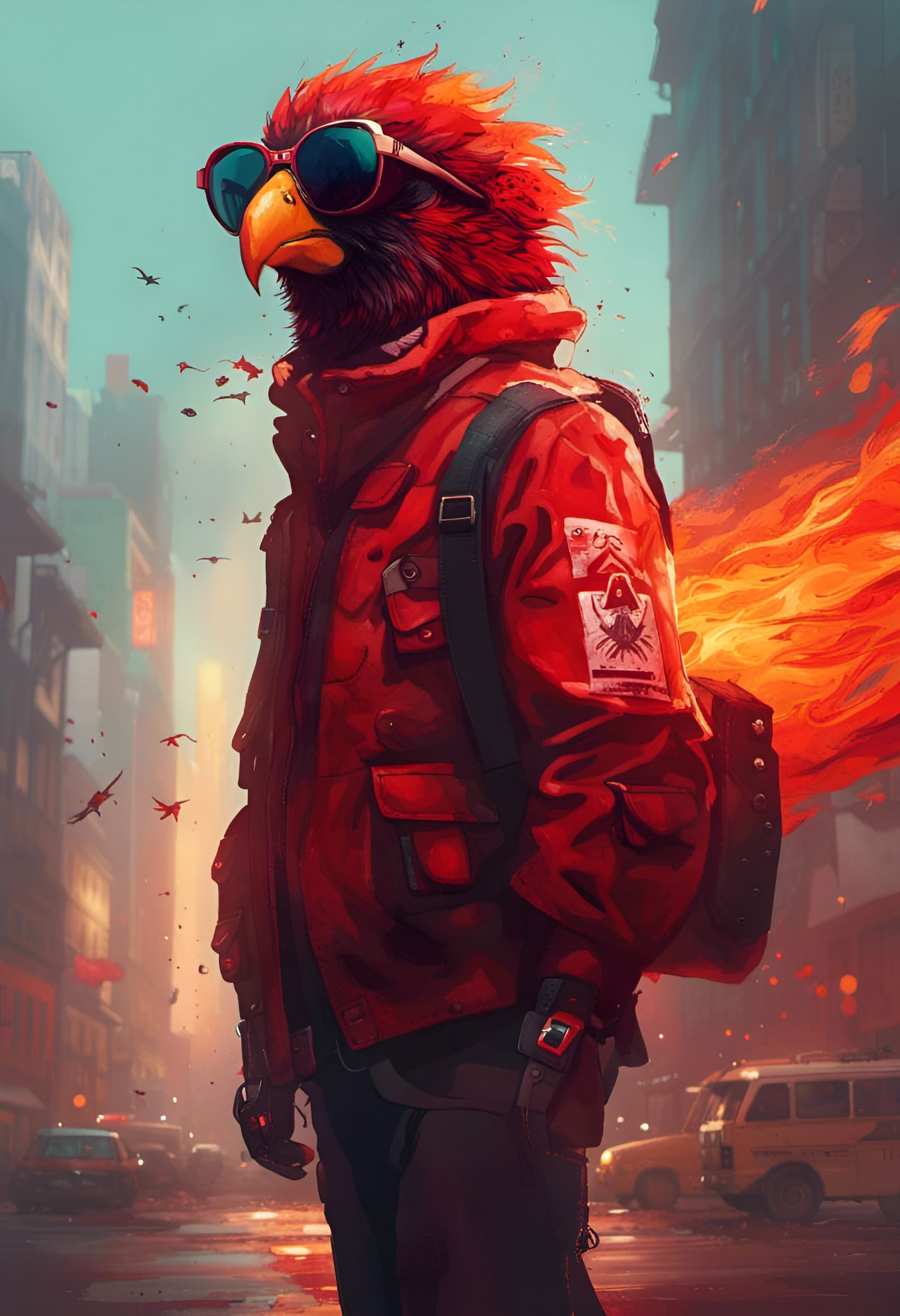 Fiery Bird Orders Takeout, Cyberpunk Style