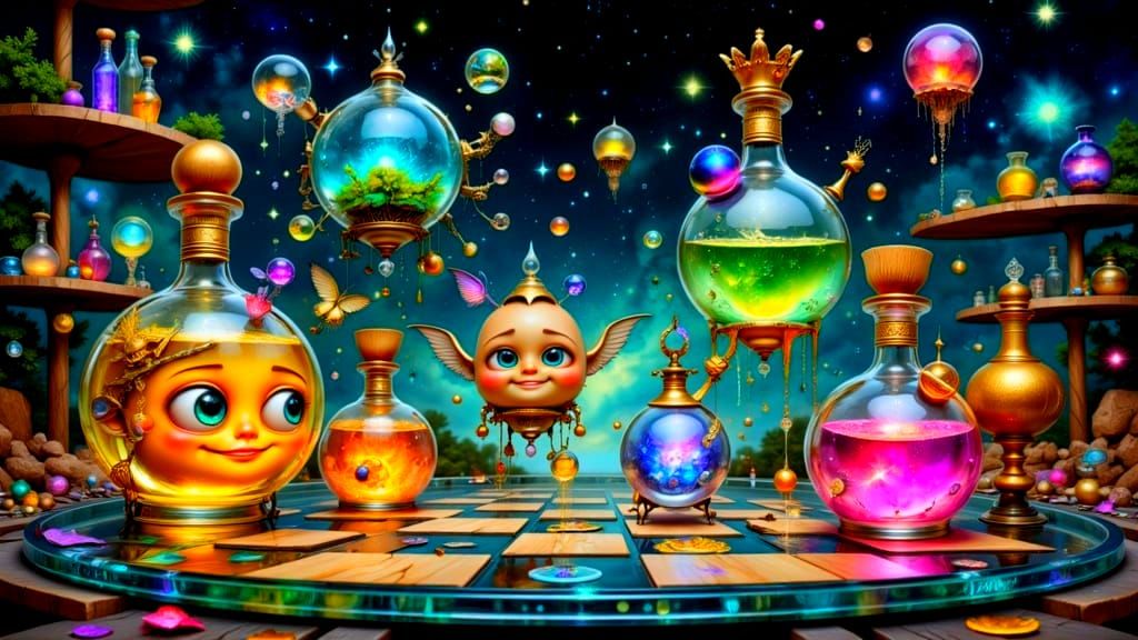 Magical Potion Bottles Play Chess in Starry Void