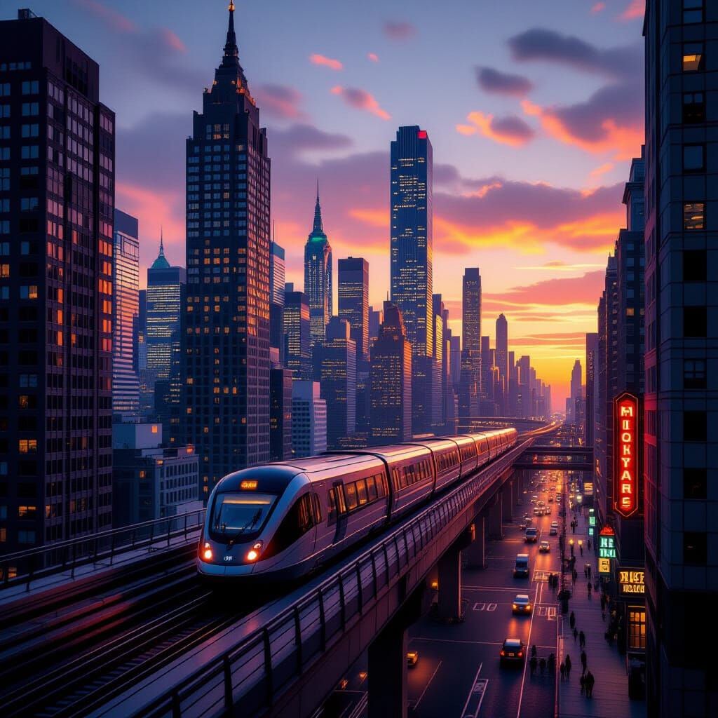 Hyperrealistic Cityscape at Dusk with Brutalist and Art Deco...