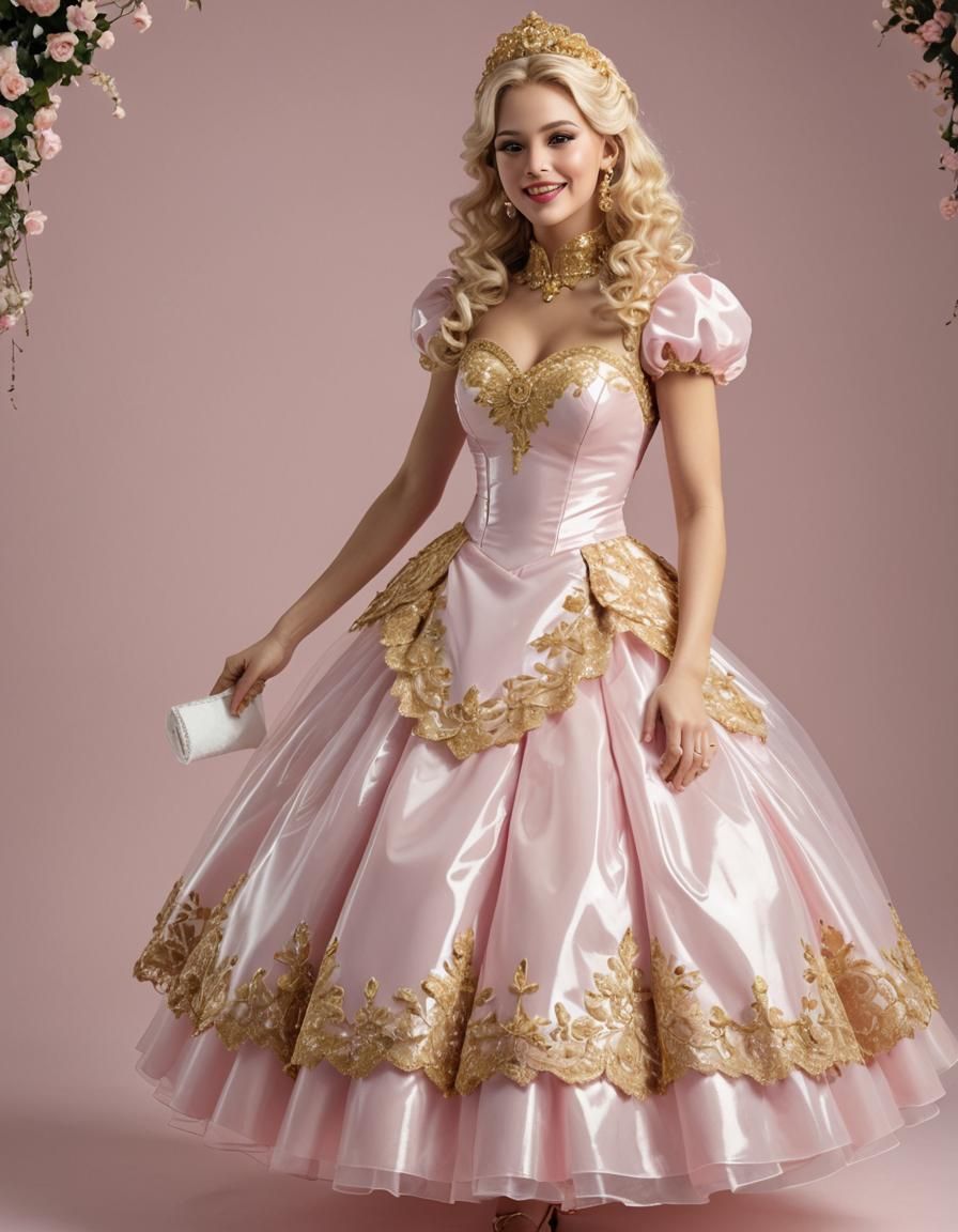 Blonde Woman in Pink Gown and Gold Lace Apron