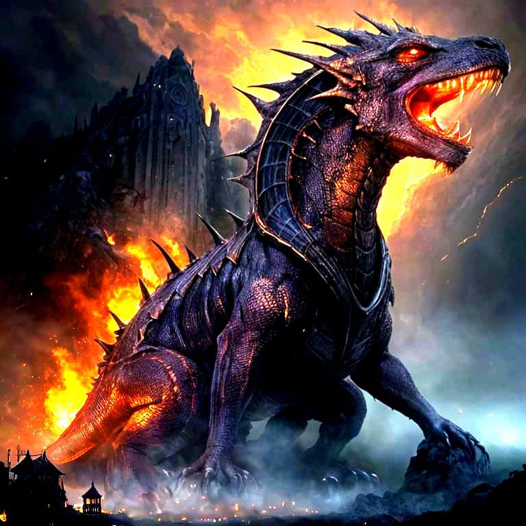Fiery Lava Dragon Attacks Castle: Dark Fantasy Art