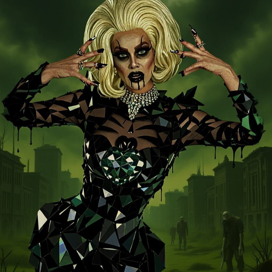 Horror Drag Queen with Pulsing Heart in Apocalyptic World