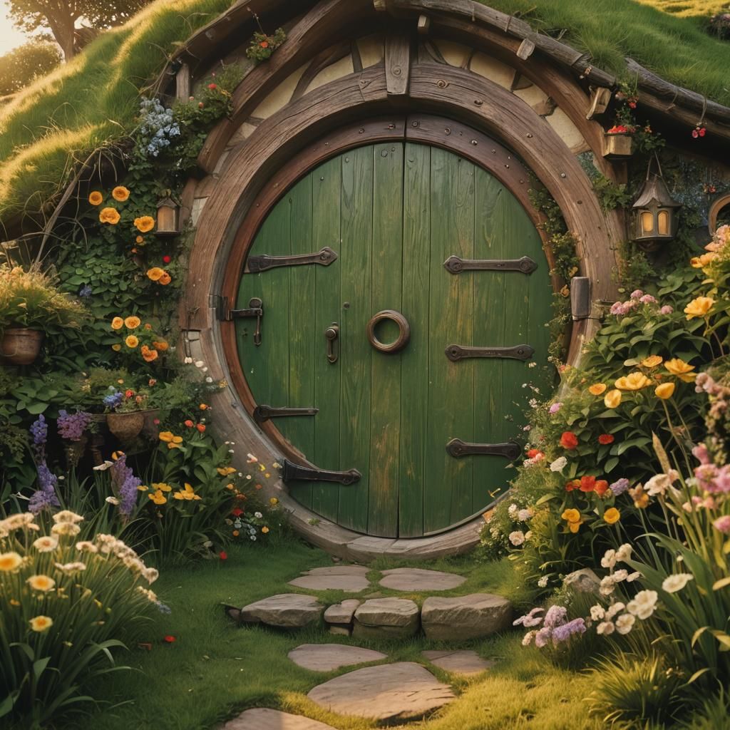 Charming Hobbit House Door in Golden Light