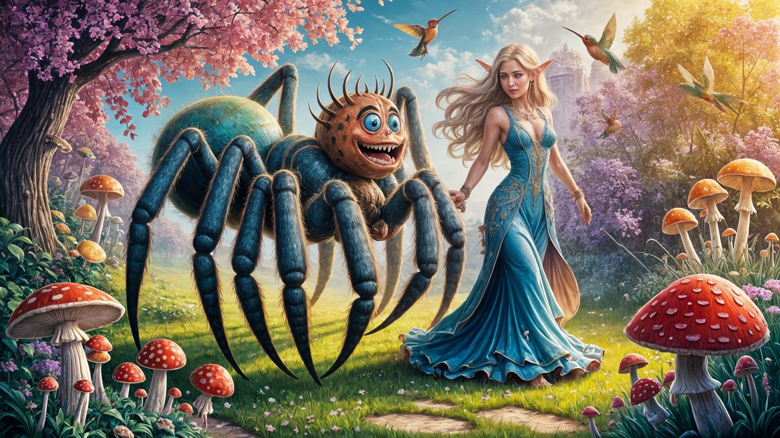 Friendly Spider and Elven Princess Stroll Through Vibrant Ga...