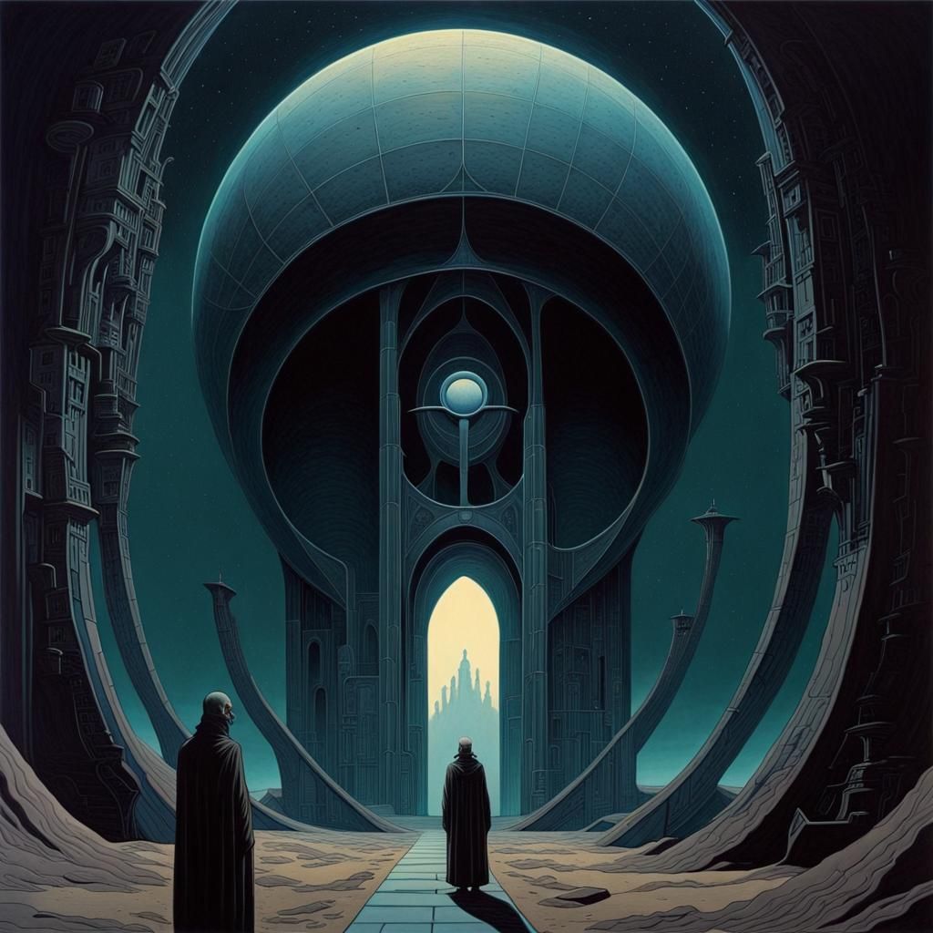 Dark Gothic Sci-Fi Painting in Moebius Style