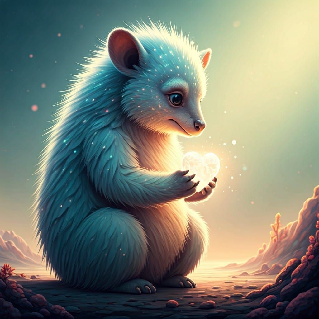 Luminescent Creature Offers Crystal Heart in Dreamlike Lands...