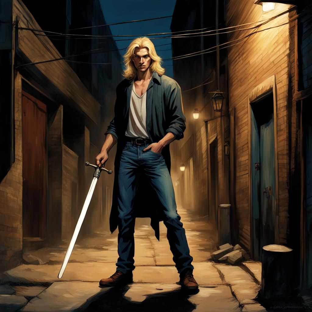Blond Man with Sword Cane in Dark Alleyway