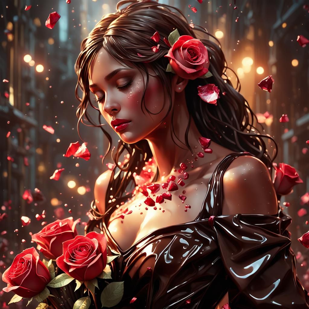 The woman with a bouquet of roses and chocolate clothes
