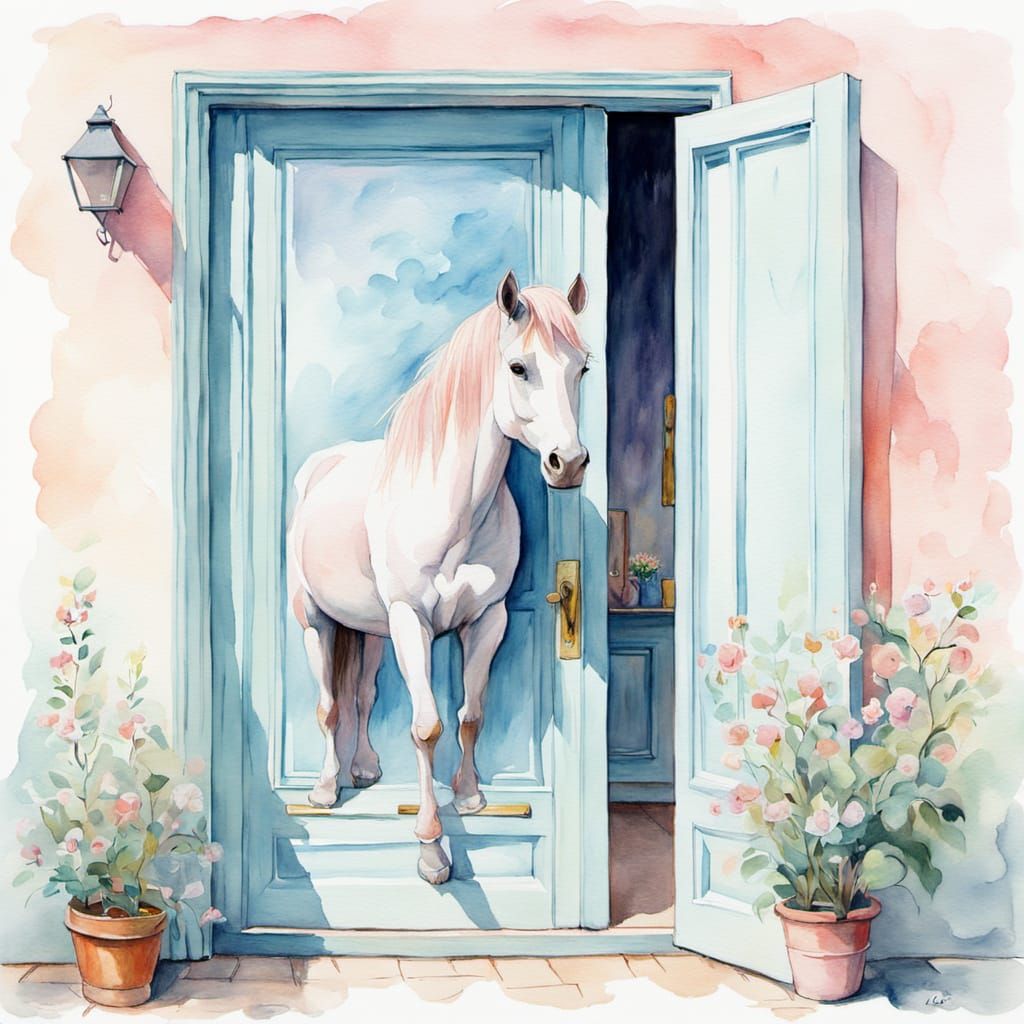 Kidcore Figure at Doorway in Watercolor Style