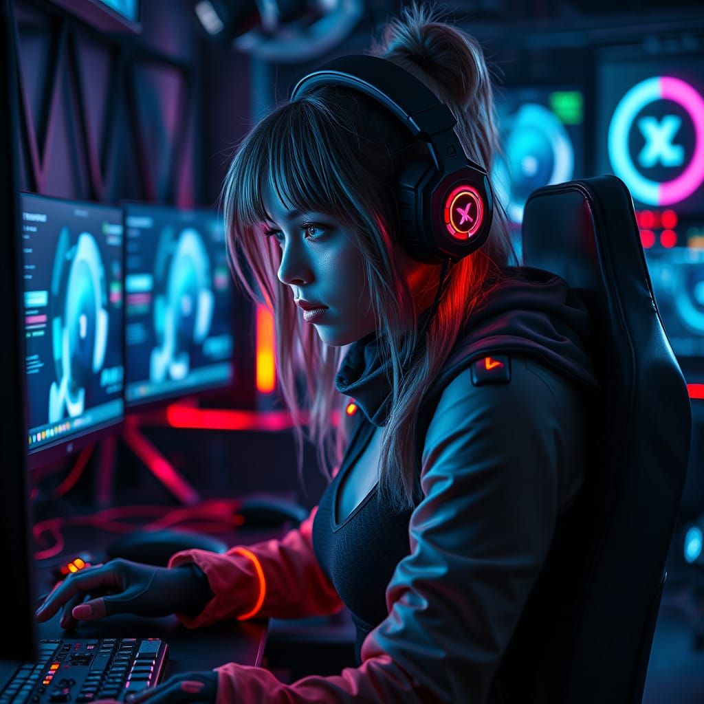 Hyperrealistic Female Gamer in Futuristic Gaming Setup