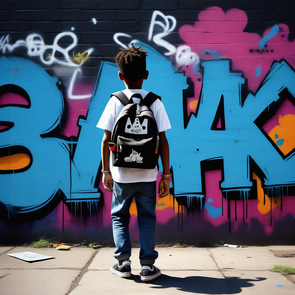 Vibrant Stylized Street Art of a Cartoon Child Walking Alone