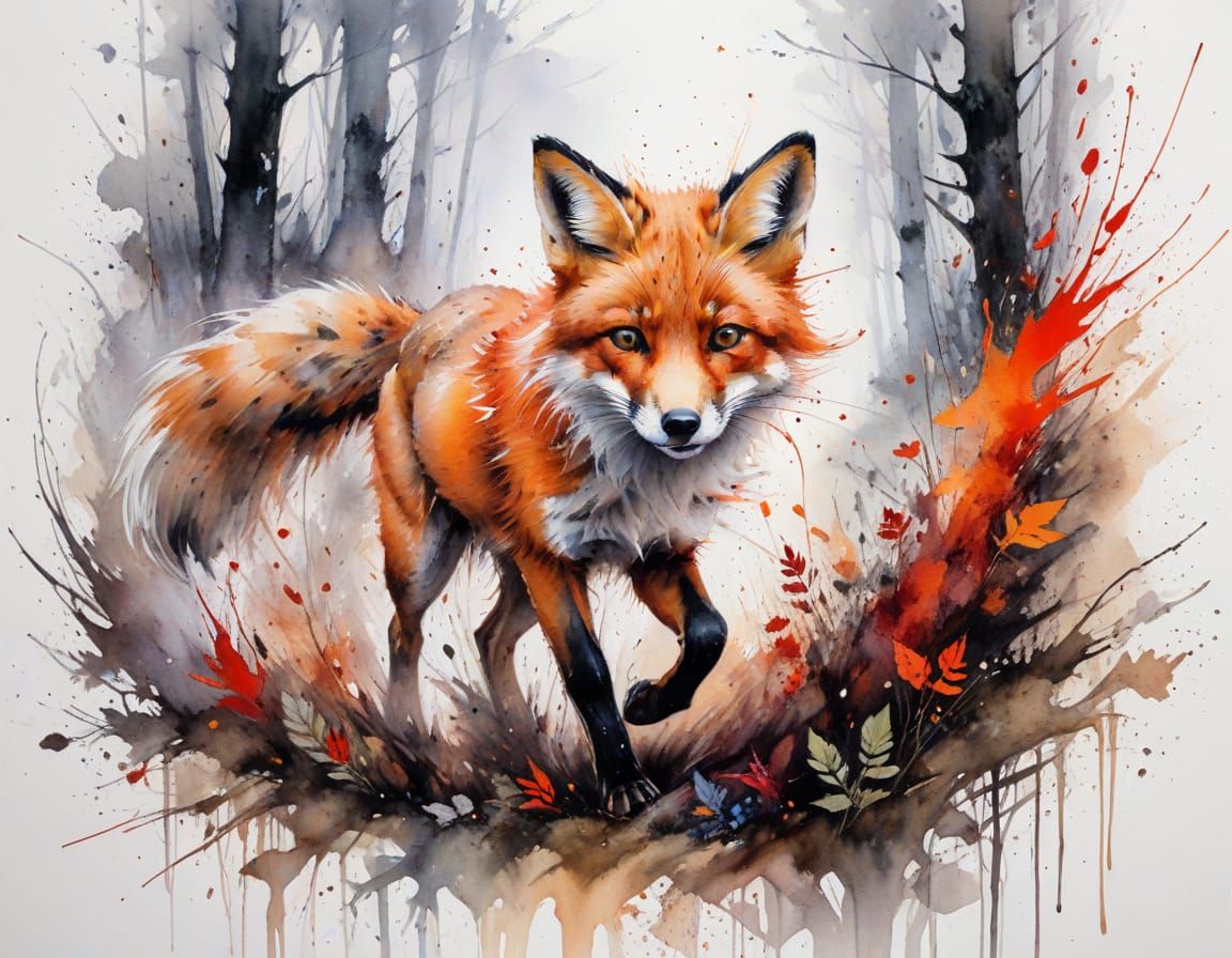 Red Fox Runs Through Forest Fire Watercolour