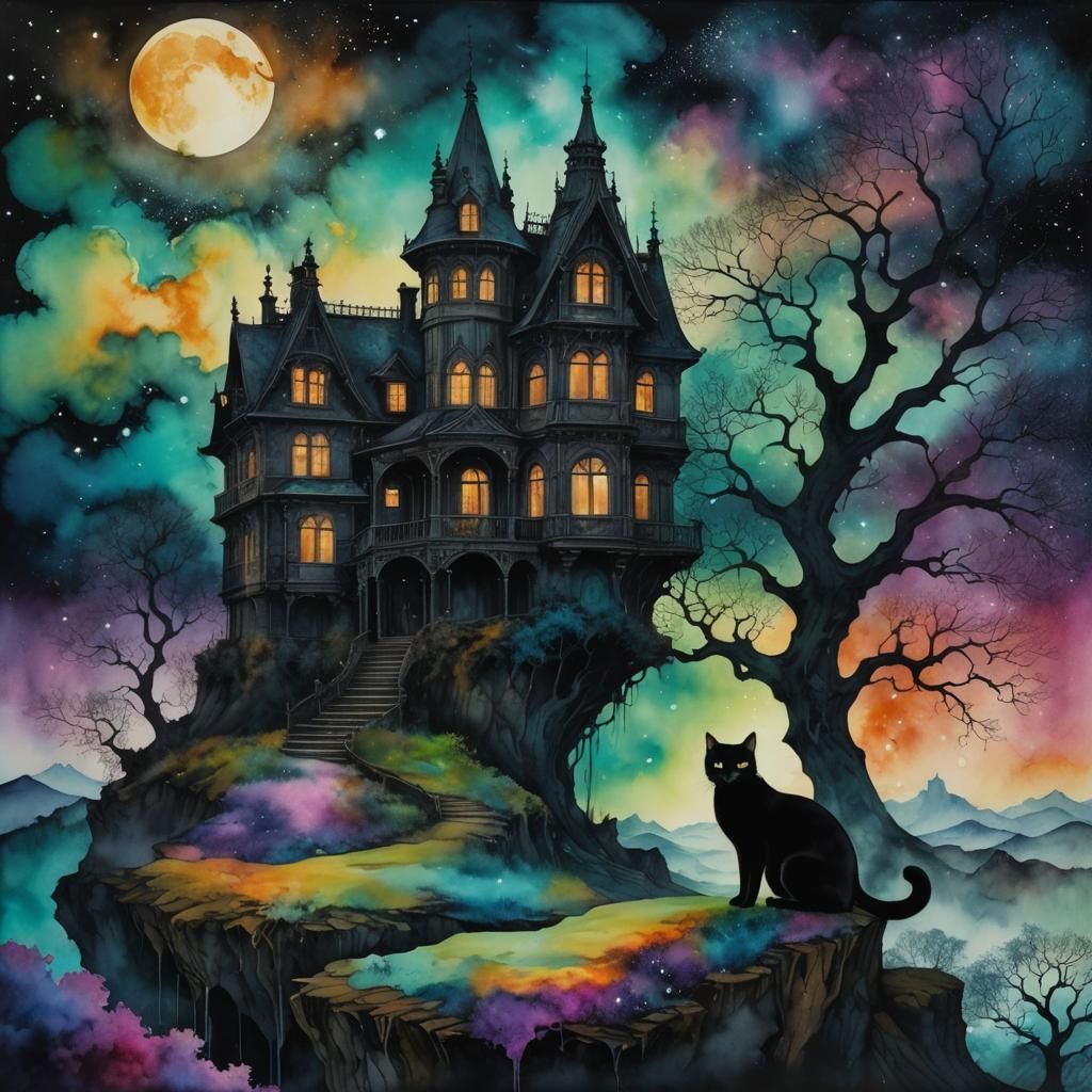 Nebula Cat in Whimsical Alcohol Ink Horror