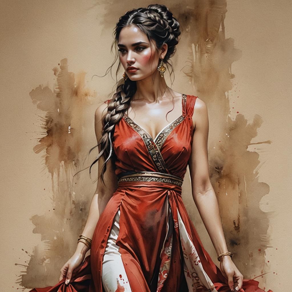 Beautiful Woman in Red Dress: Watercolor Airbrushing