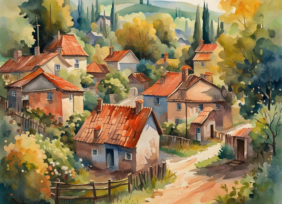 Picturesque Village in Gouache Impressionist Style
