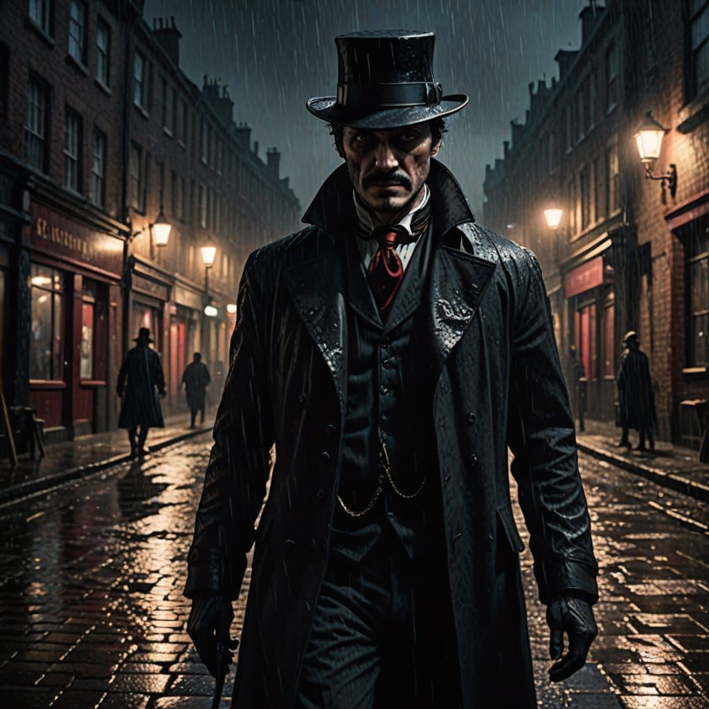Gothic Noir Portrait of Jack the Ripper in Heavy Rain