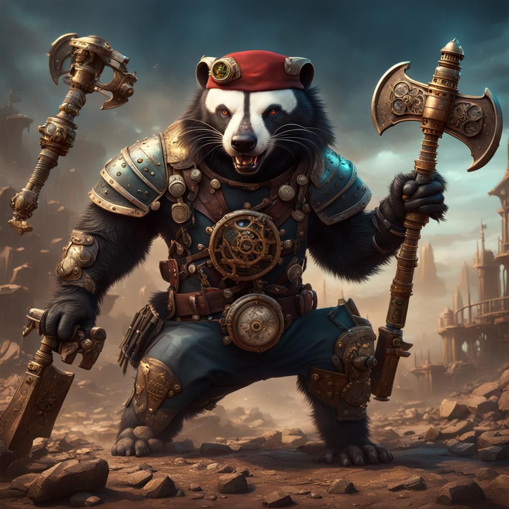 Steampunk Honey Badger with Battle Axes