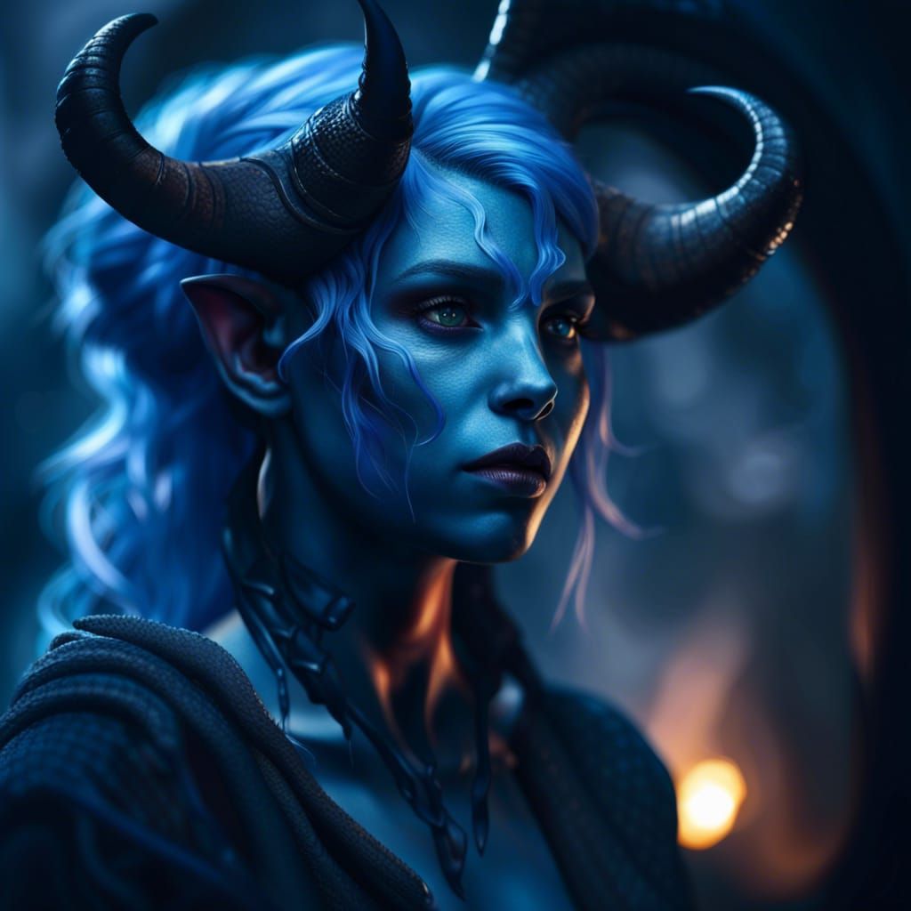 Blue-Skinned Tiefling with Round Horns in HDR