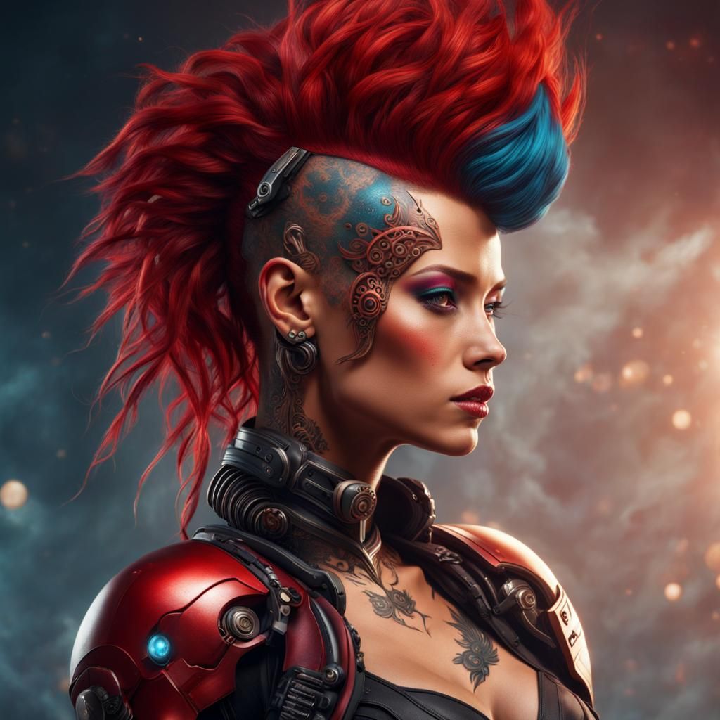 Cyborg Woman Portrait with Red Mohawk, Digital Art