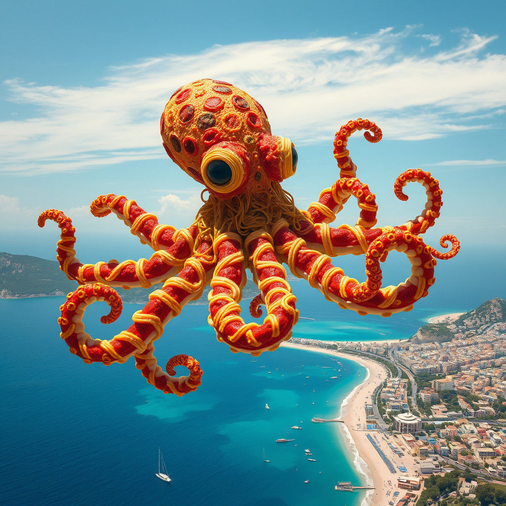 Noodle Octopus Flies Over Ibiza: A Surreal Creation