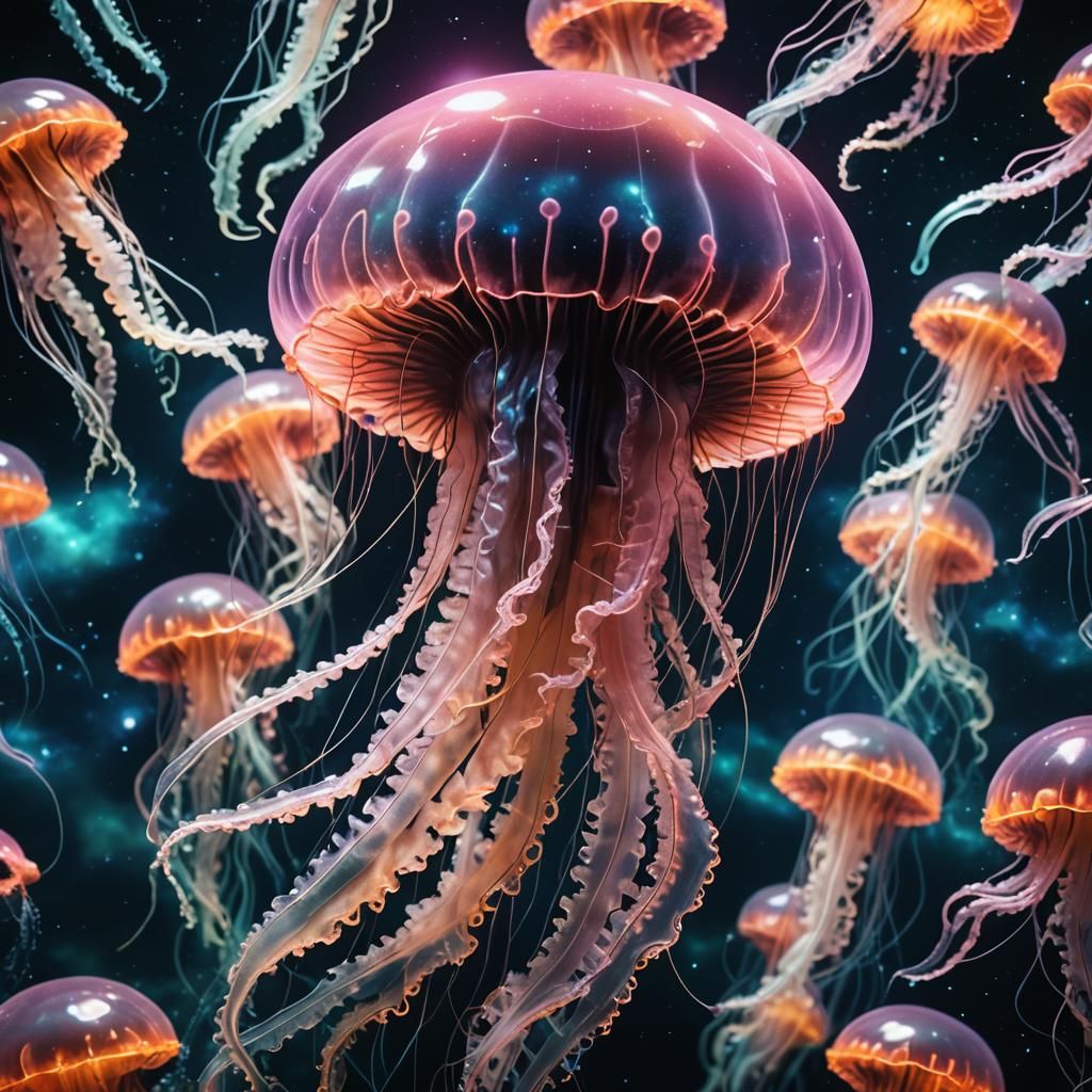 Neon Jellyfish Floating Through Outer Space