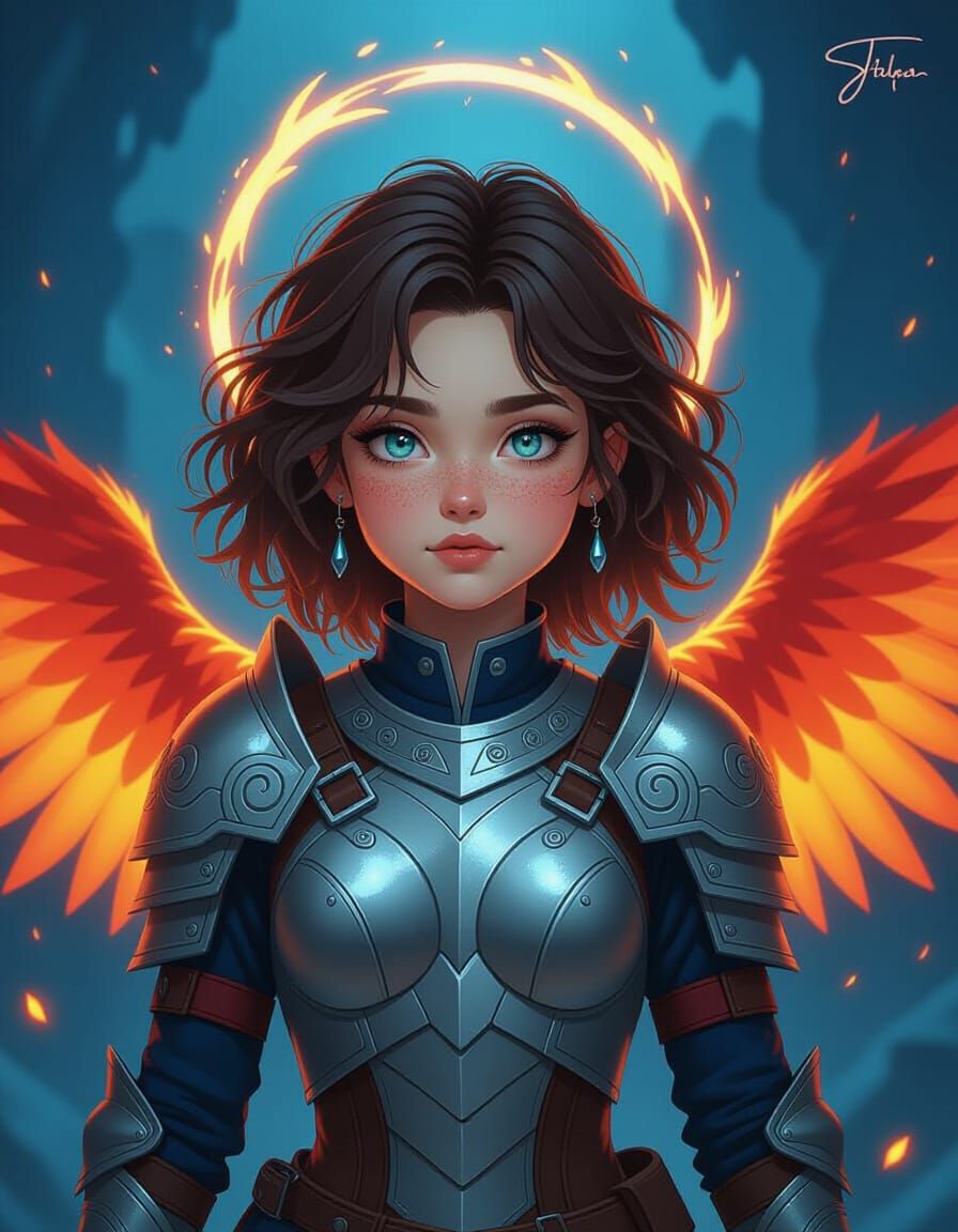 Fantasy Warrior Girl with Fiery Phoenix Wings