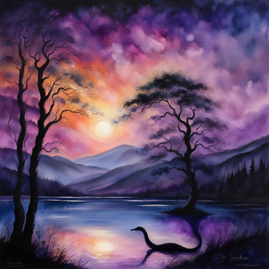 Loch Ness Monster in Scottish Lake at Sunset