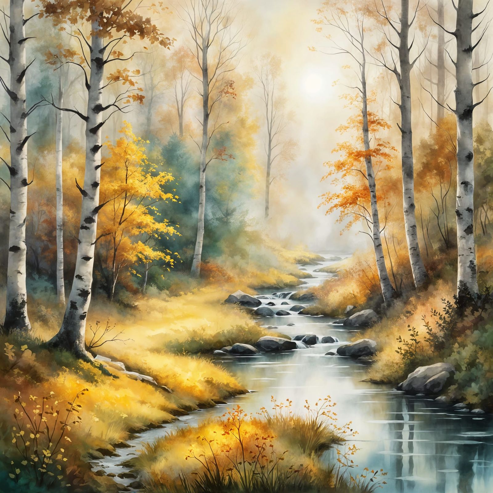 Autumnal Birch Forest Stream in Ethereal Light