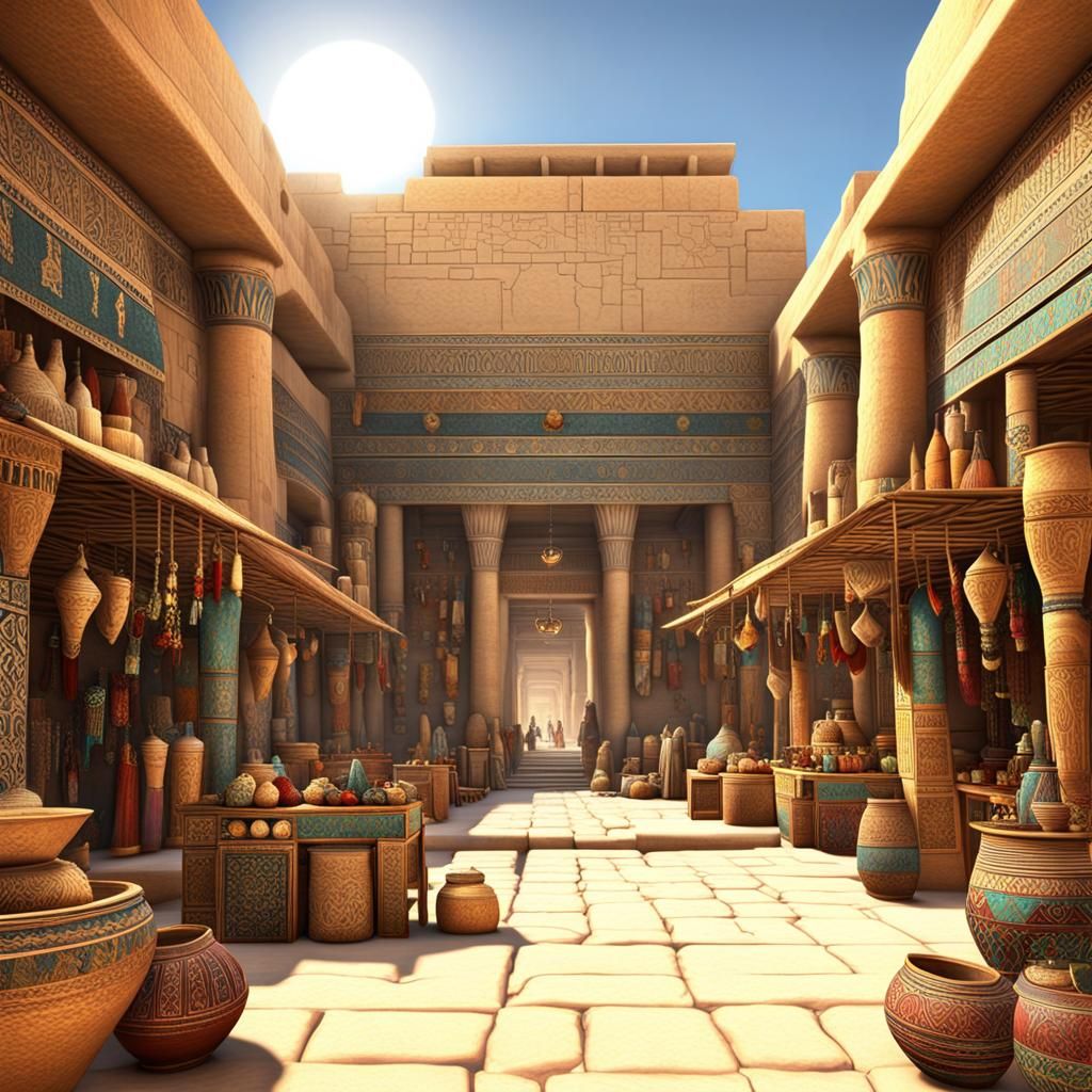 A bustling stylized marketplace in ancient Egypt