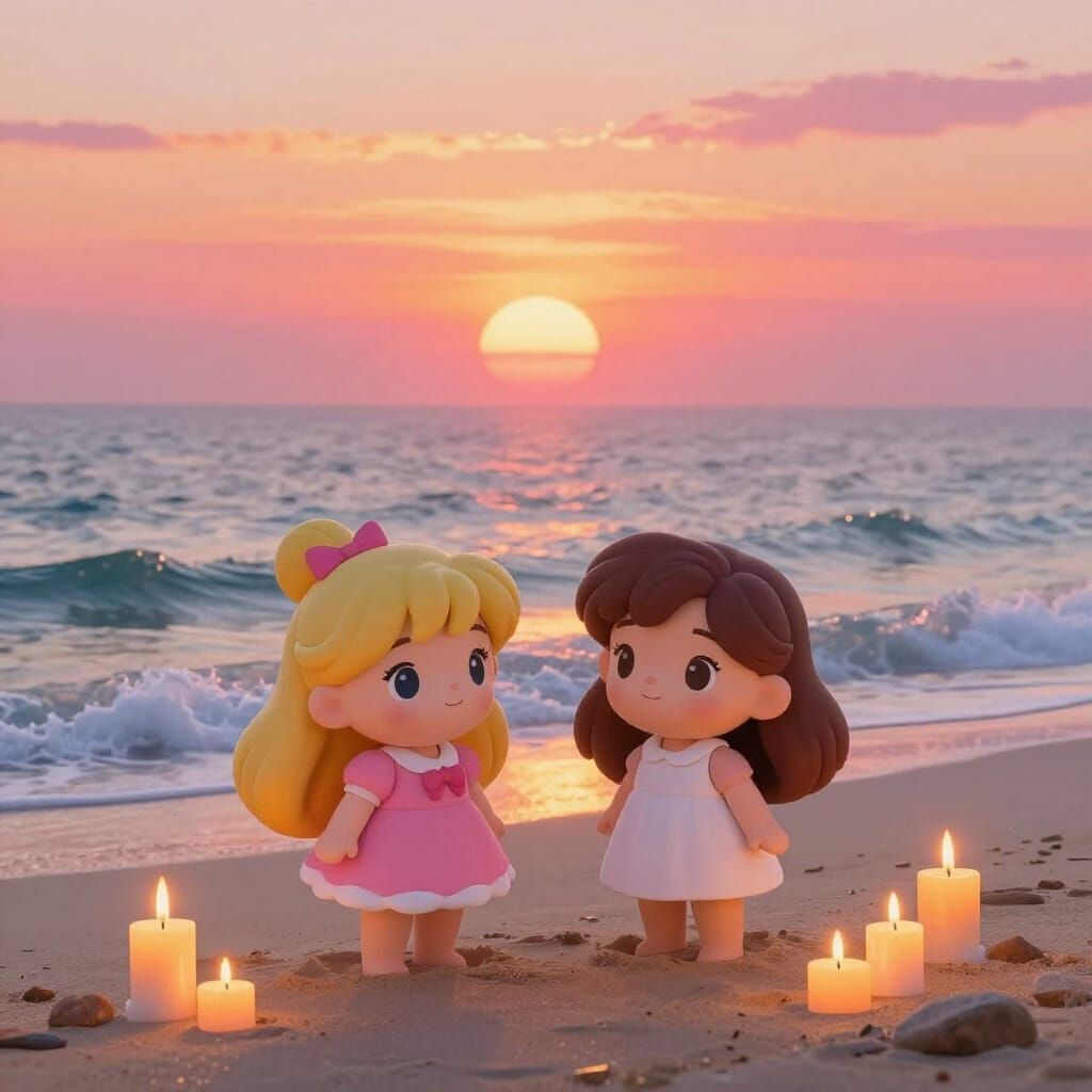 Cartoon Friends on Beach at Sunrise Digital Matte Painting