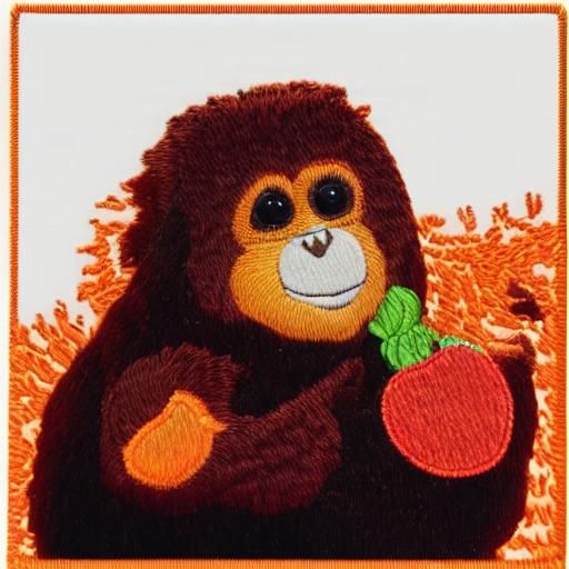 Orangutan Eating Apple: Detailed Embroidery Applique