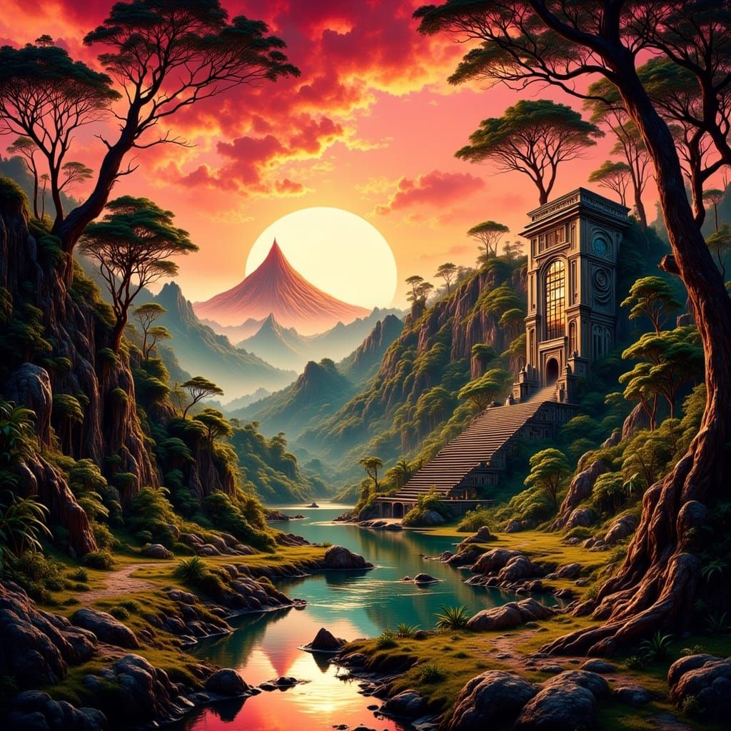 Cyberpunk Jungle Ruins with Volcano and Red Sky