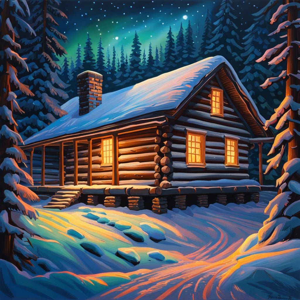 Winter Cabin Under Aurora in Gouache Style